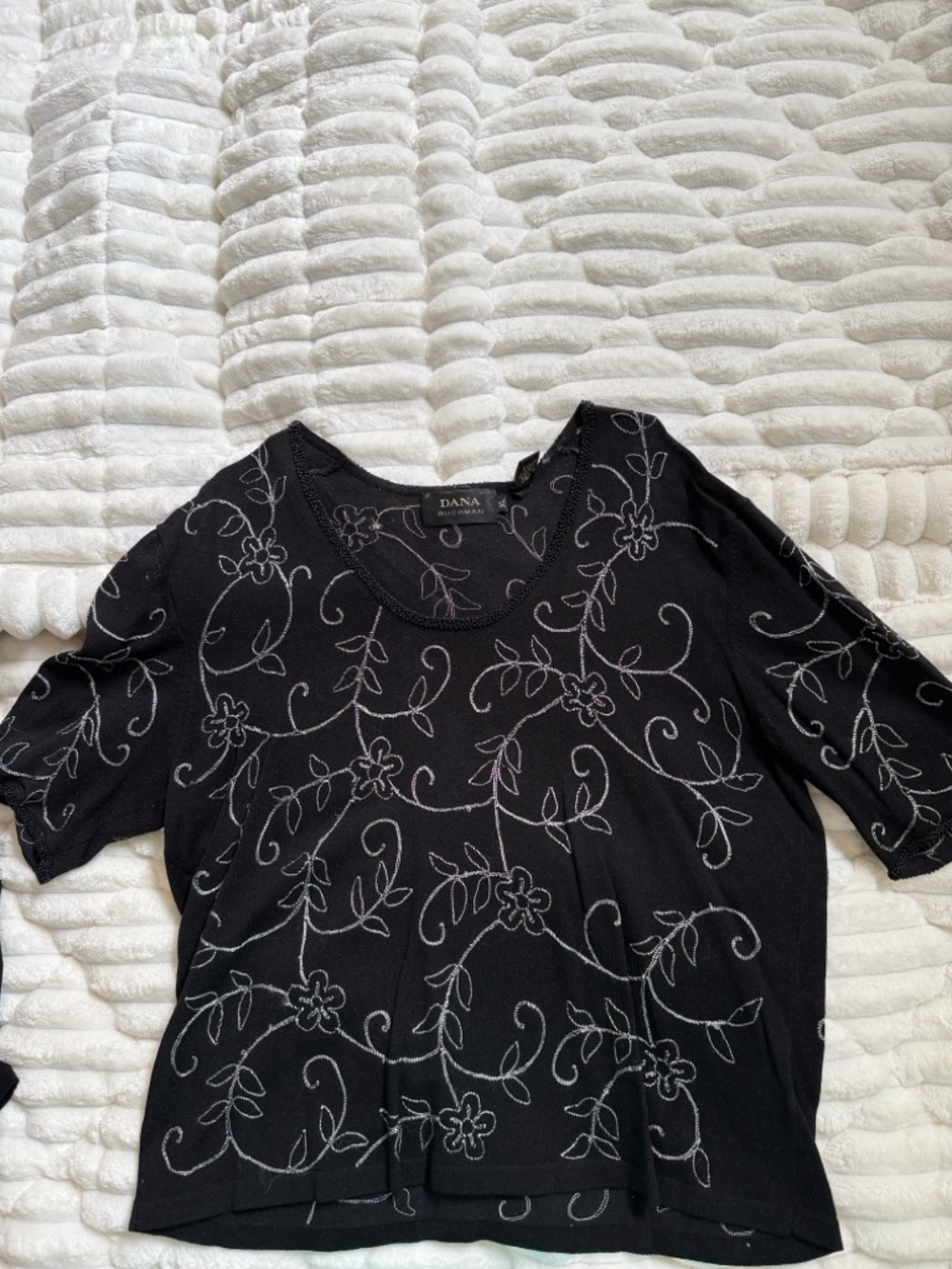 Dana Buchman Black Short-Sleeve Top with Silver Floral Stitching and Beading